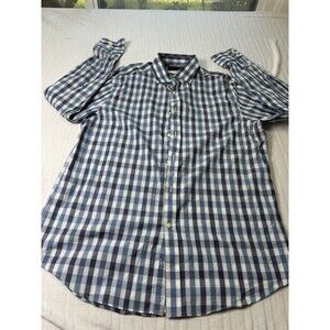 Thomas Dean Mens Shirt Large Blue White Gingham Plaid Long Sleeve Button Down L